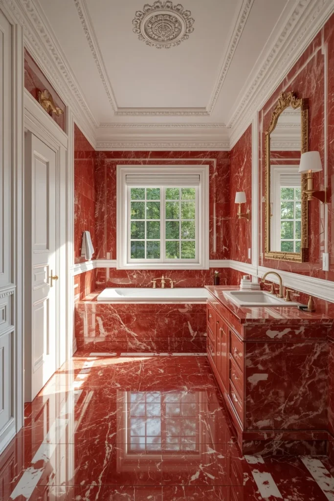  large primary bathroom, featuring continuous red marble