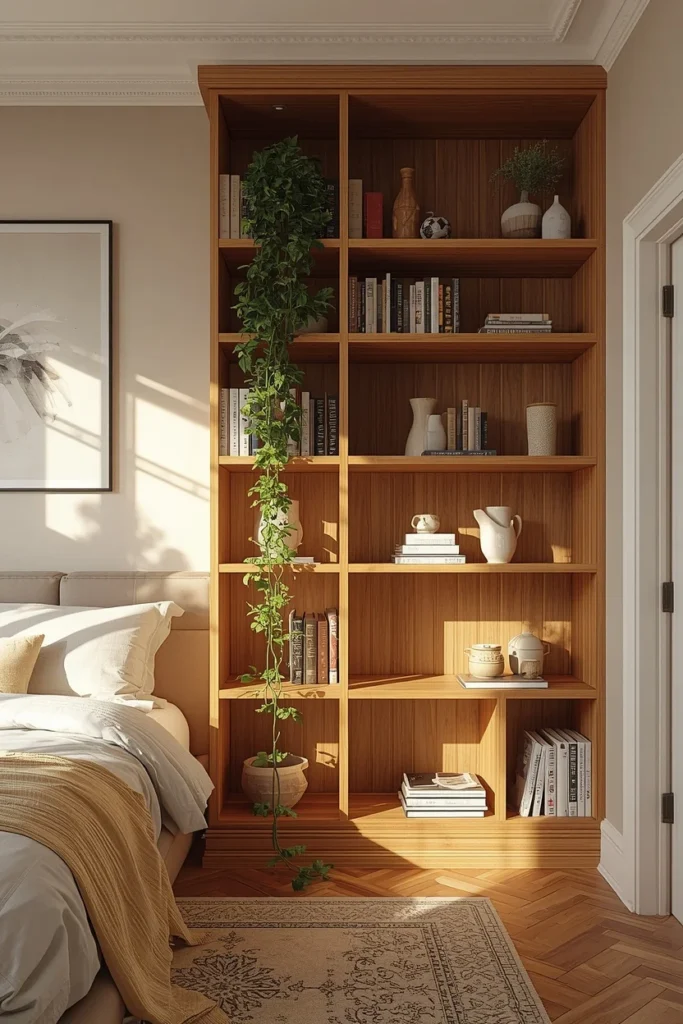 23 Rental Apartment Decor Ideas That Look Like You Actually Own the Place 17 studio apartment, featuring a tall open wooden shelving unit