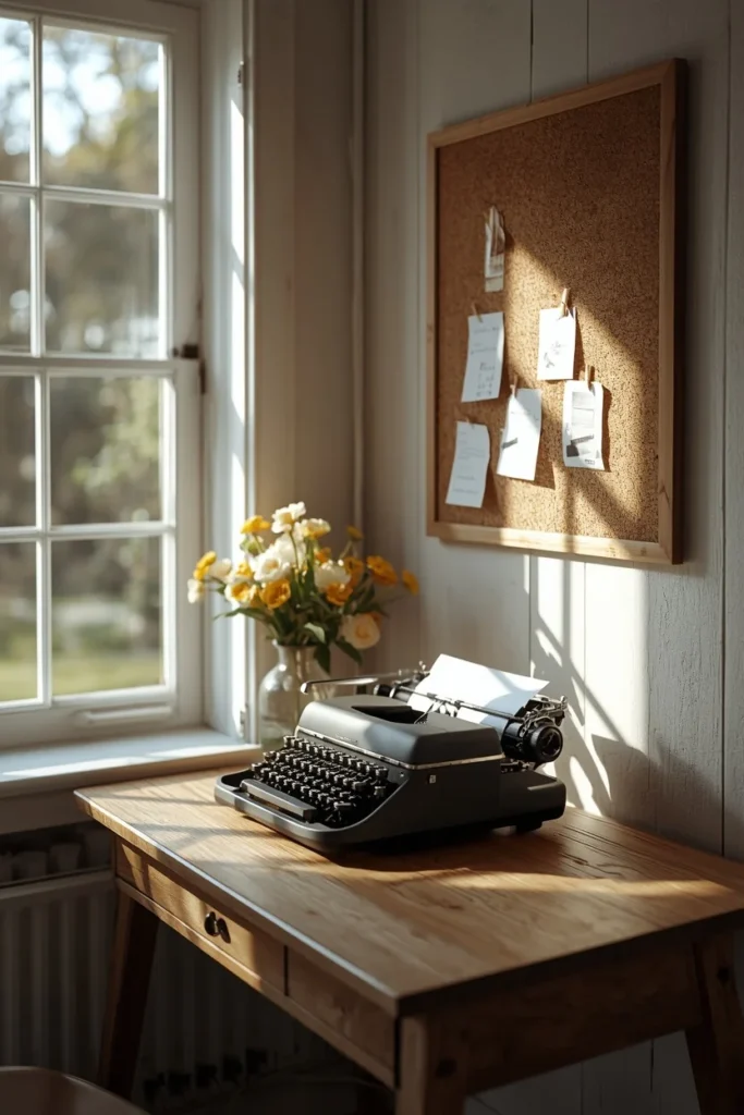 she shed writing retreat, featuring a vintage typewriter on a wood desk facing a window,