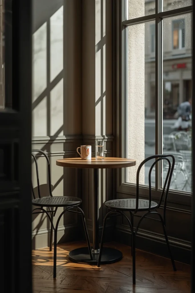 19 Small Dining Room Ideas That Are Big on Style & Even Bigger on Charm 17 small dining nook, featuring a round bistro table with two slim chairs