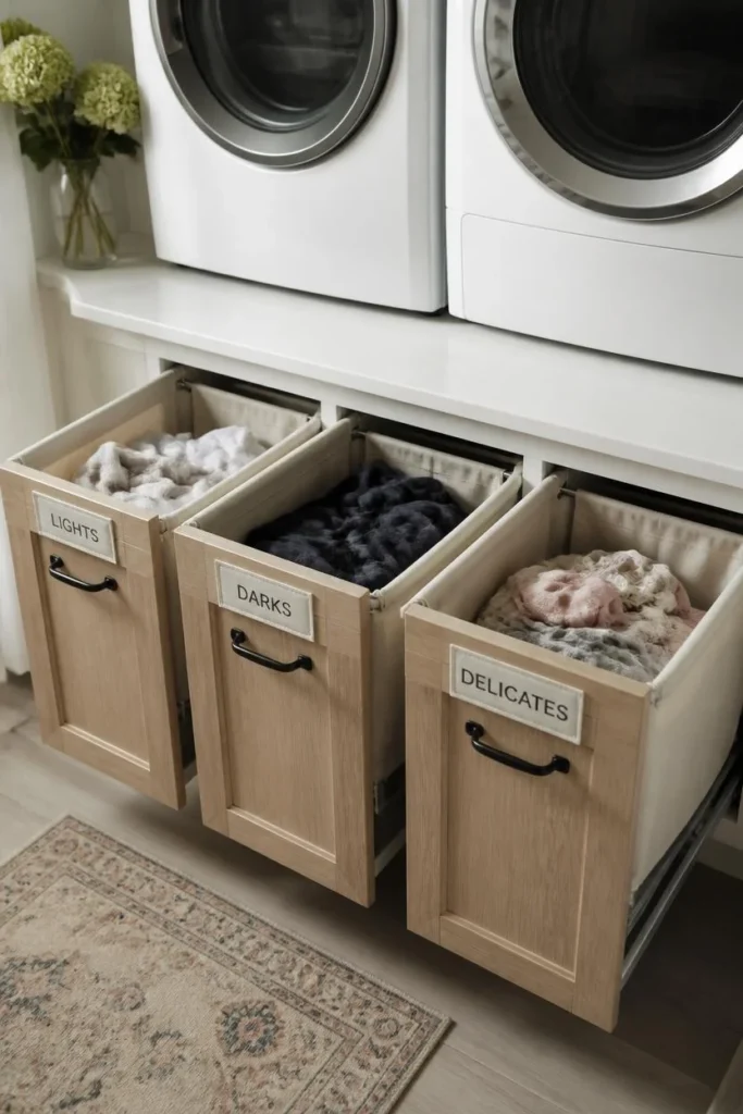 21 Small Laundry Room Ideas That Pack Function & Style Into Every Inch 17 small laundry room, featuring three pull-out canvas hamper drawers