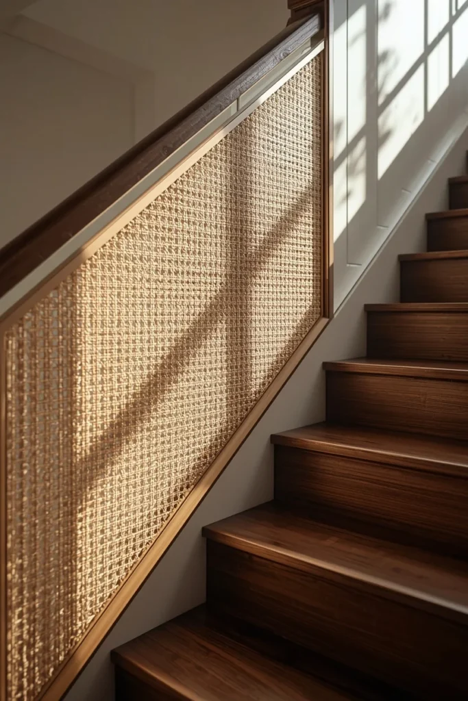 staircase, featuring a woven cane infill panel along a landing rail