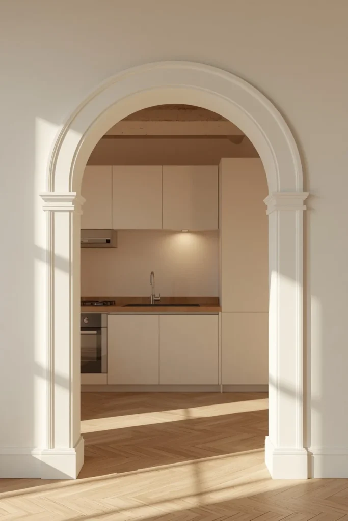  studio apartment, featuring an arched doorway opening 