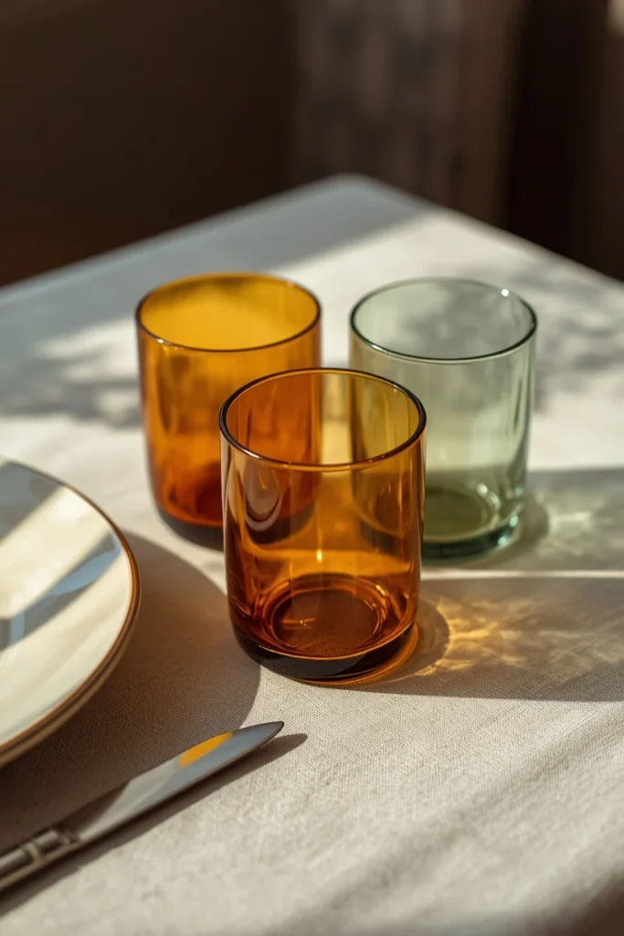 dining table place setting close-up, featuring amber, sage green, and soft blue glass tumblers
