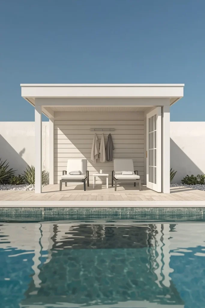 19 Summer House Ideas That Make Your Garden Feel Like a Vacation Destination 17 poolside cabana, featuring a small white timber structure