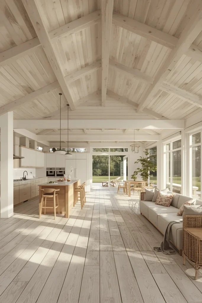  open-plan summer house interior, featuring a combined kitchen