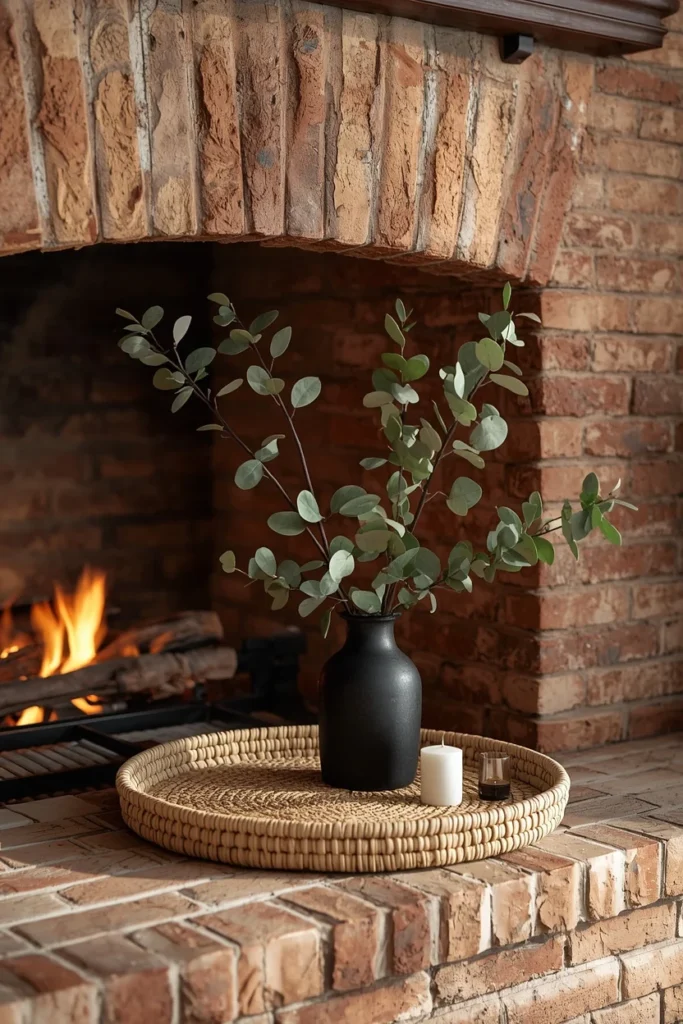  fireplace mantel, featuring a woven seagrass tray as a base,