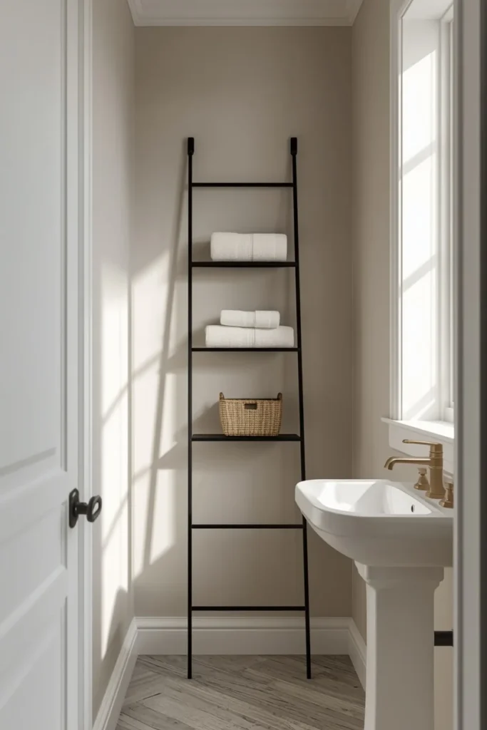  small powder room, featuring a slim black metal ladder