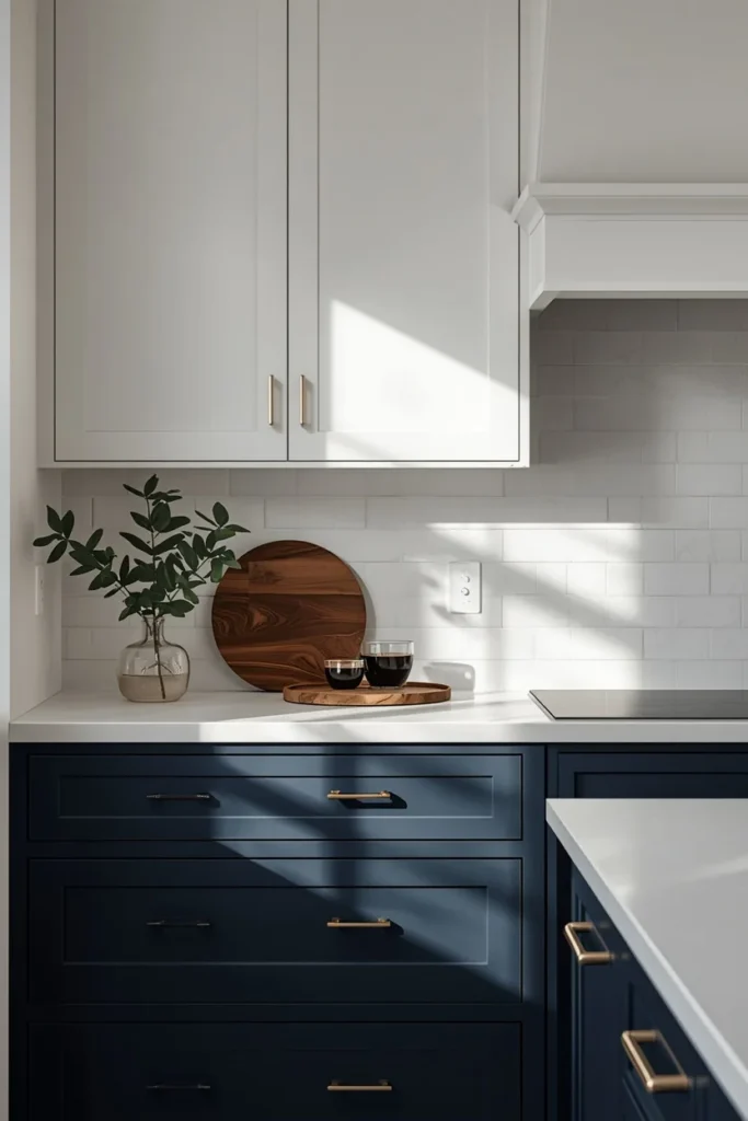  kitchen, featuring stormy blue lower cabinets and crisp white upper cabinets