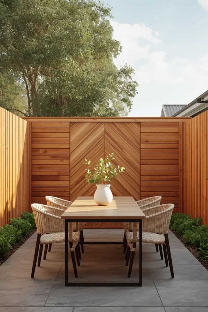 modern backyard patio exterior, featuring a wood fence 
