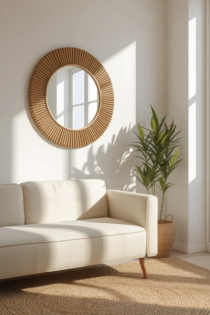 25 Apartment Living Room Ideas That Are Stylish, Smart and Totally Renter-Safe 18 small apartment living room, featuring a large round mirror