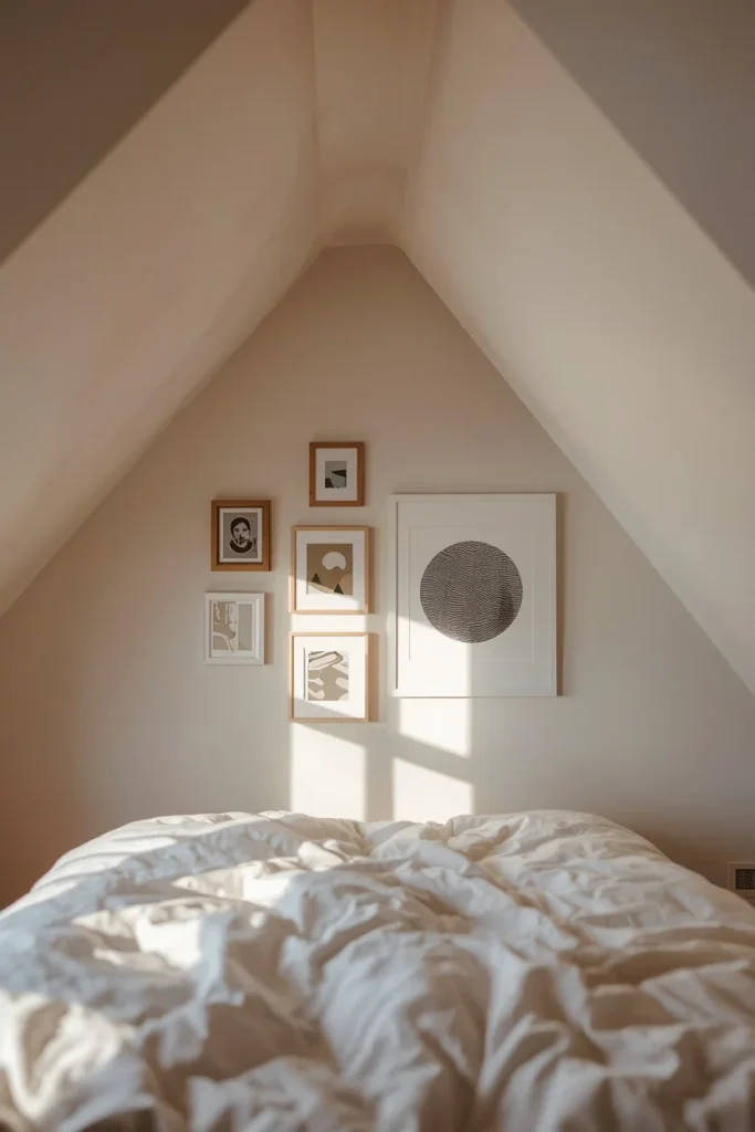 attic bedroom shot, featuring a small gallery wall of mixed-frame prints