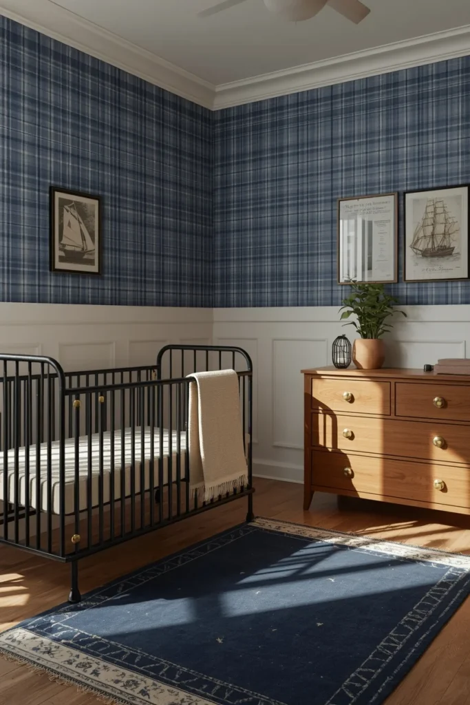 18 Baby Boy Nursery Themes That Are Cute, Creative & Absolutely Charming 18 baby nursery, featuring a fine blue menswear plaid wallpaper accent wall,