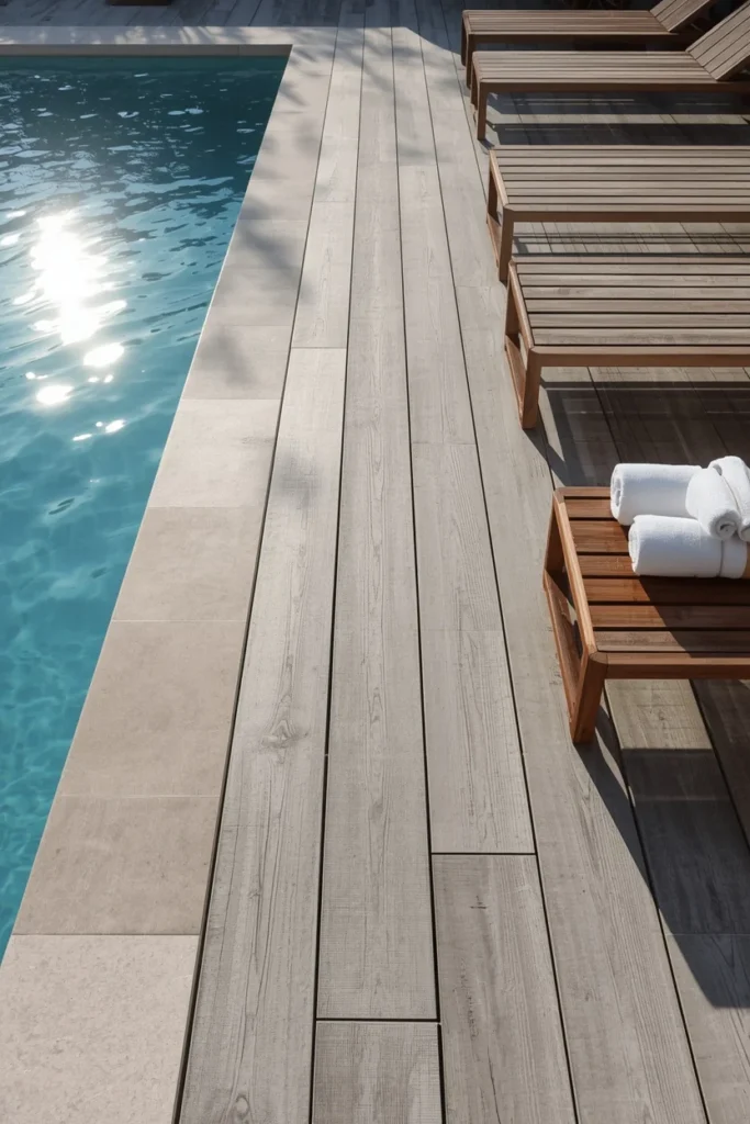 20 Back Deck Ideas That Make Your Outdoor Space Impossibly Inviting 18 poolside composite deck, featuring light grey heat-resistant