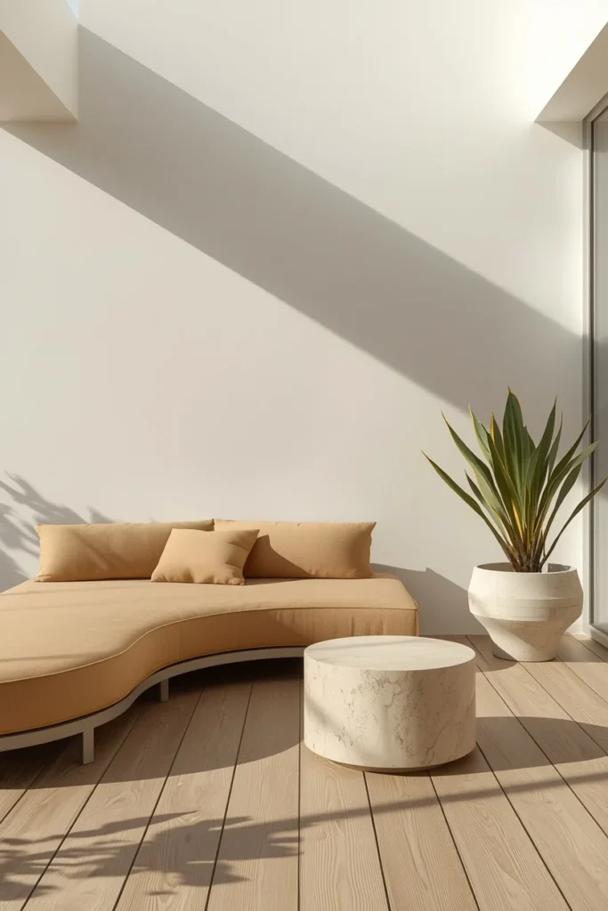 17 Back Patio Ideas That Transform Any Outdoor Space Into a Cozy Retreat 18 minimalist patio, featuring a low curved sectional daybed