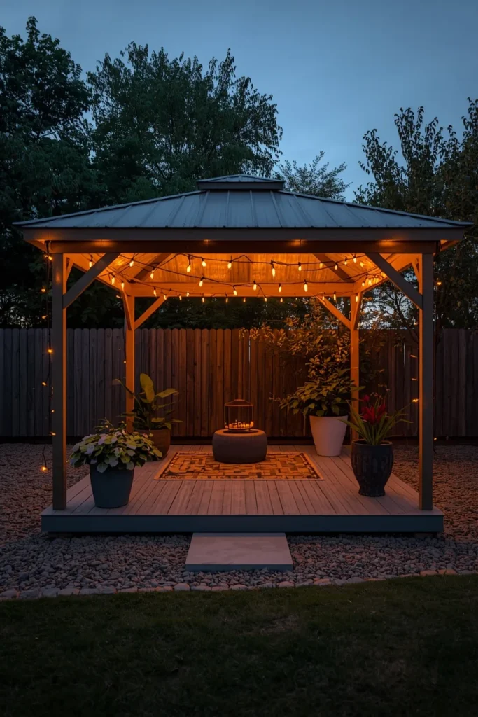 backyard, featuring a simple kit gazebo set on a crushed gravel base