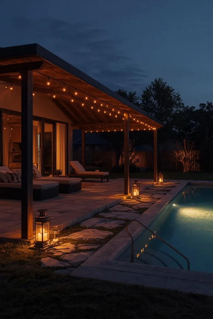 pool house at night, featuring warm string lights