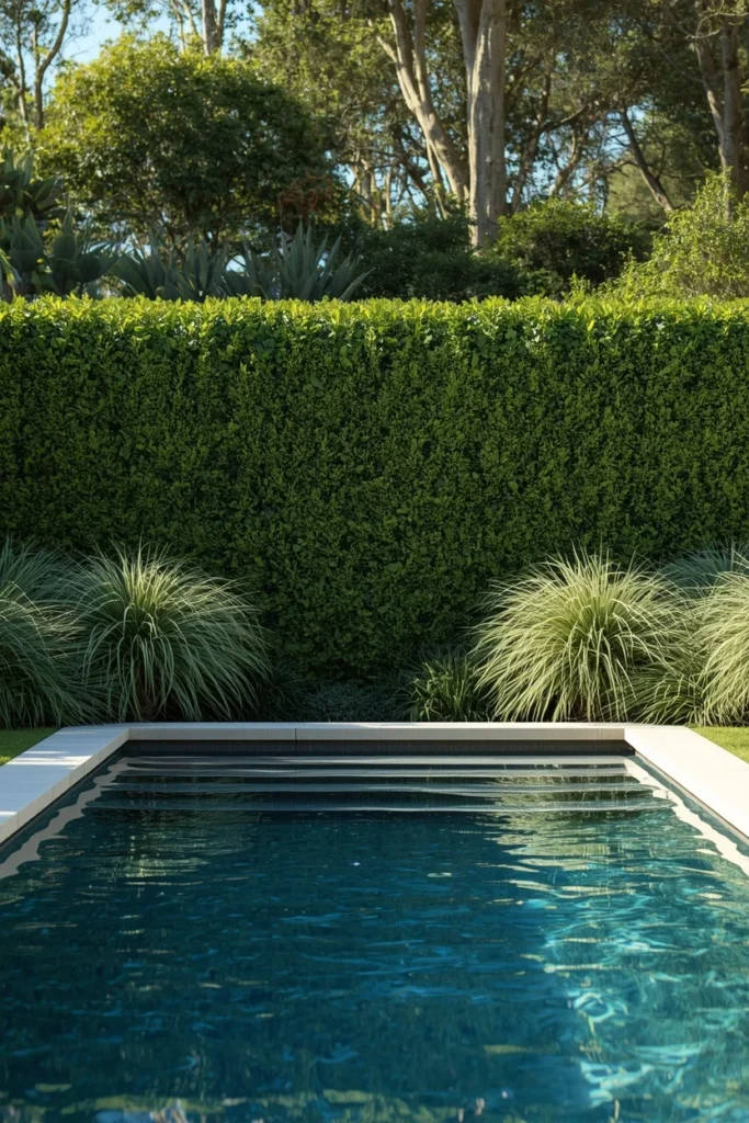  backyard pool, featuring layered privacy hedges