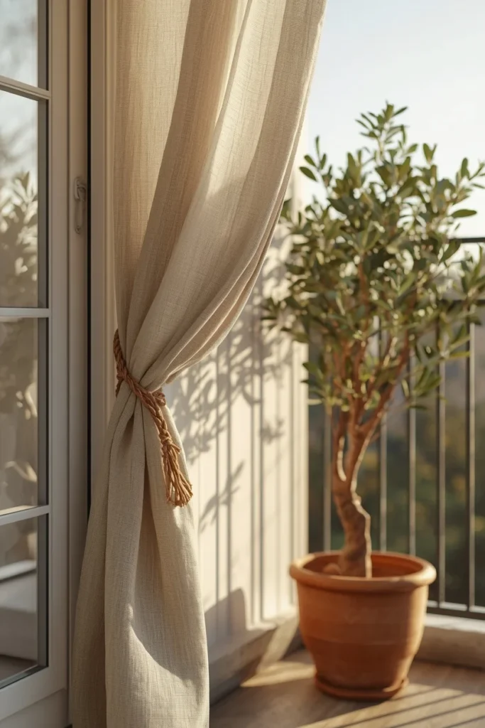 25 Balcony Ideas That Turn Even the Smallest Outdoor Space Into a Retreat 18 balcony corner, featuring a flowing linen outdoor curtain panel tied back with rope