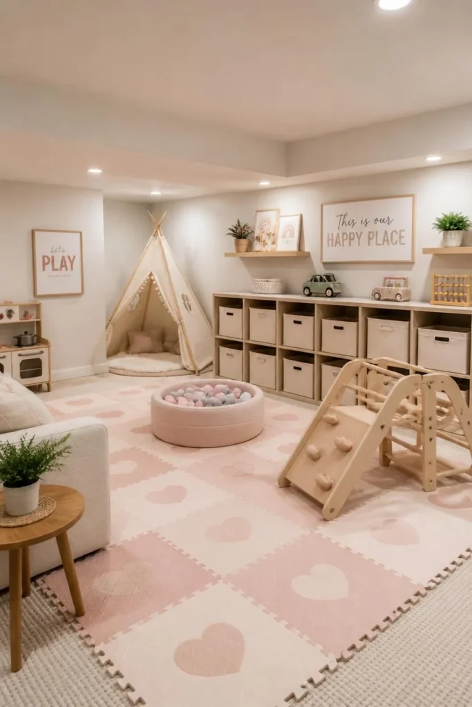 basement playroom, featuring soft blush-toned foam floor tiles, 