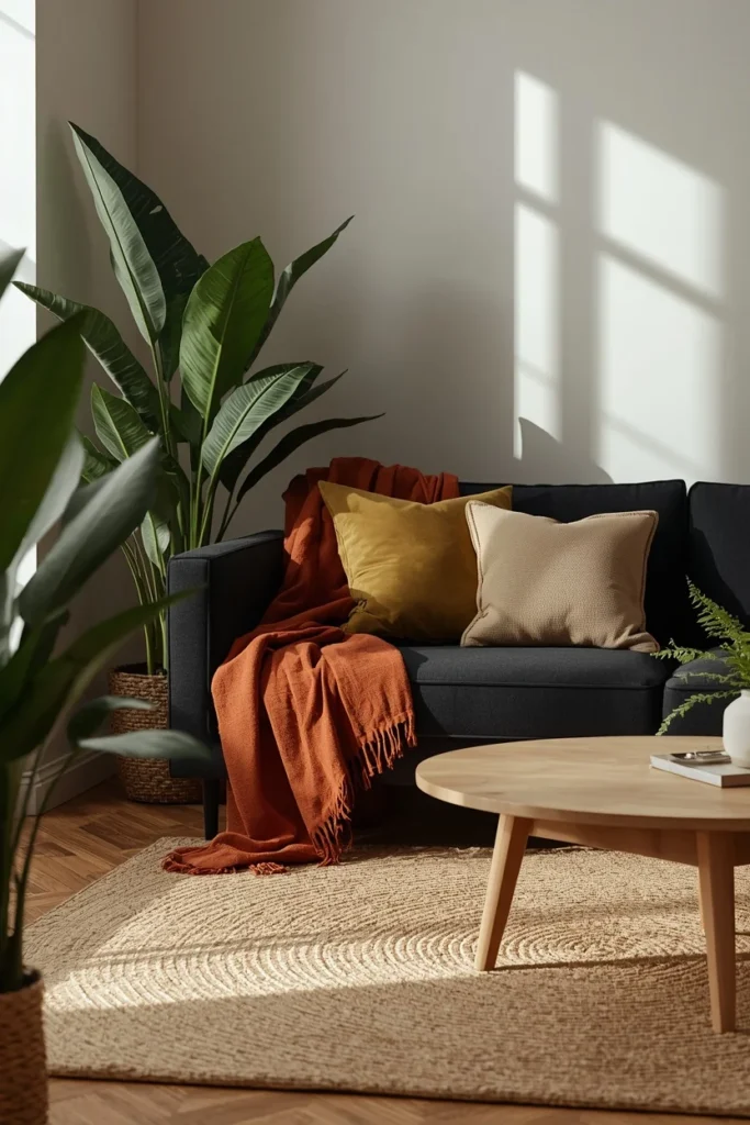  living room, featuring a black sofa with terracotta throw and olive green velvet cushions, 