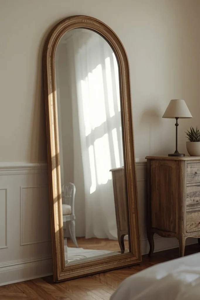  bedroom shot, featuring an antique arched mirror