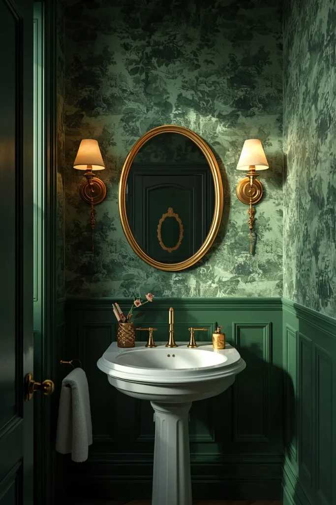 powder room, featuring scenic toile wallpaper 