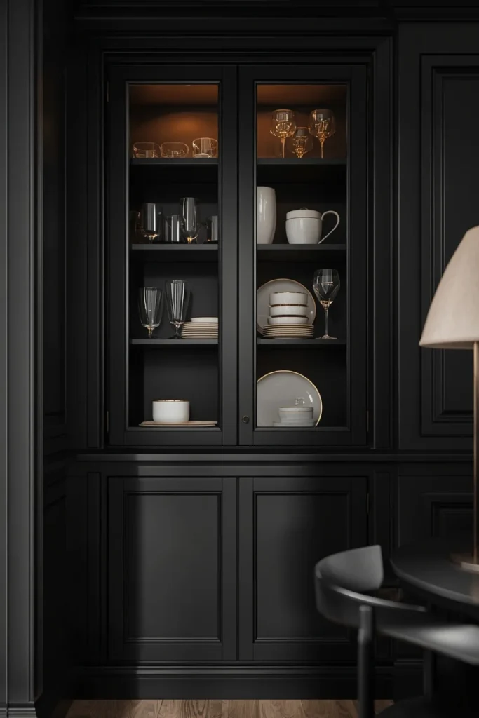 17 Built-In Dining Room Cabinet Ideas That Are Beautiful & Super Practical 18 dining room built-in, featuring a deep matte black cabinet