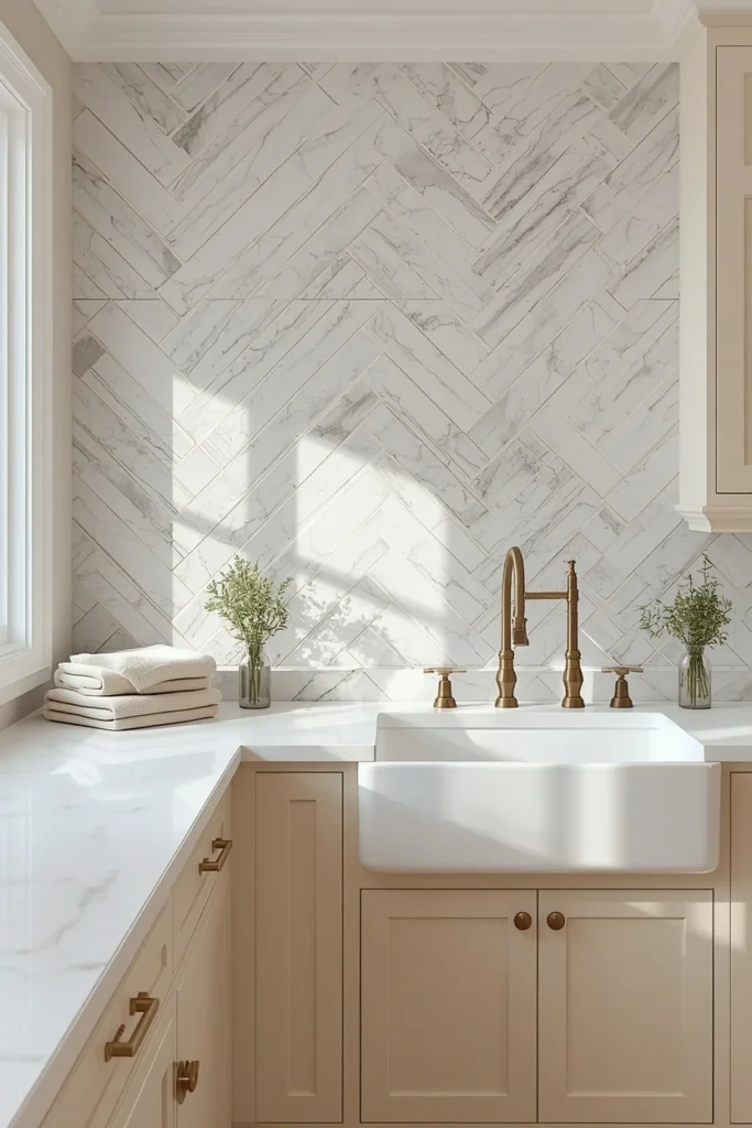  Herringbone White Marble Subway Tile country kitchen