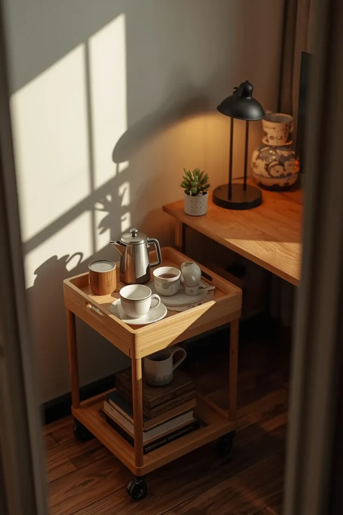 study corner, featuring a small wood cart set up as a coffee and tea station 