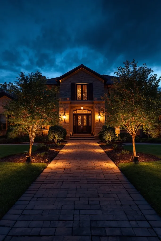 upscale home exterior at dusk, featuring a paver driveway 