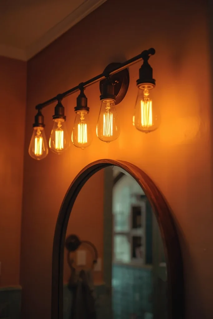 20 Farmhouse Bathroom Ideas That Are Rustic, Cozy & Utterly Gorgeous 18 Farmhouse bathroom lighting detail,