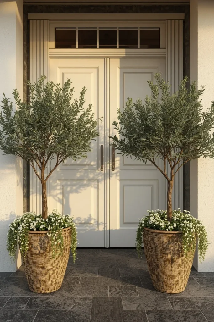 22 Front Porch Flower Ideas That Make Your Home's Entrance Bloom Beautifully 18 pair of potted olive trees in large woven-texture planters