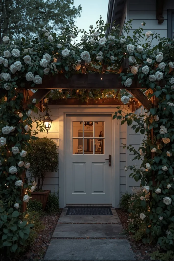 cottage-style home exterior, featuring a simple white garage door 