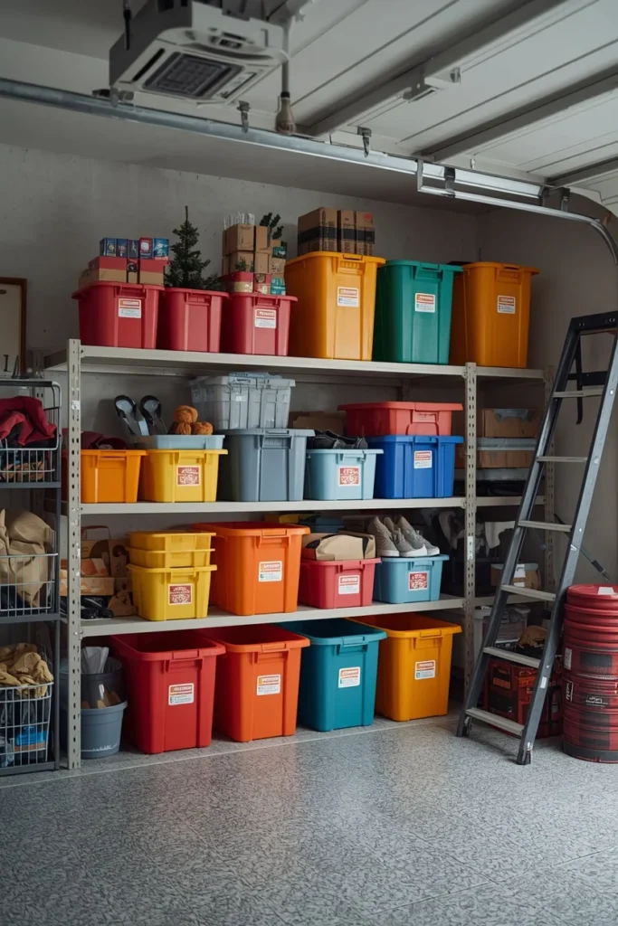 19 Garage Storage Ideas That Finally Tame the Chaos & Look Great Doing It 18 garage storage shot, featuring color-coded seasonal bins