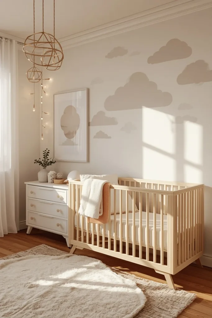 19 Gender Neutral Nursery Ideas That Are Modern, Stylish & Perfectly Timeless 18 nursery, featuring a soft hand-painted cloud mural accent wall,