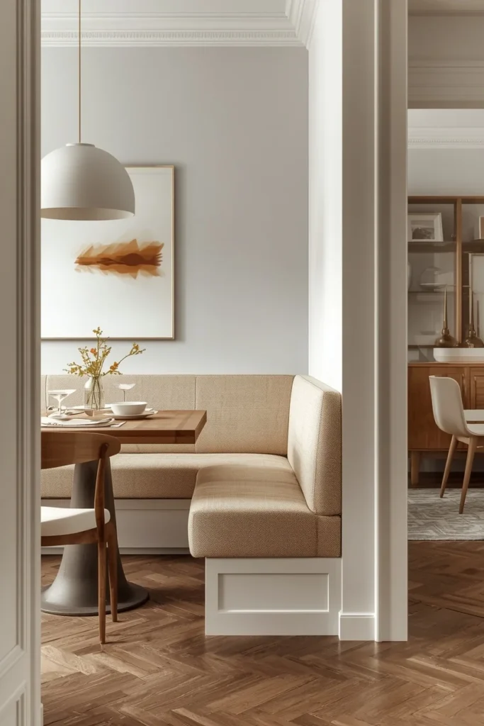 20 Genius Ways to Connect Your Living & Dining Room Seamlessly & Stylishly 18 dining nook within an open concept space, featuring a built-in upholstered banquette