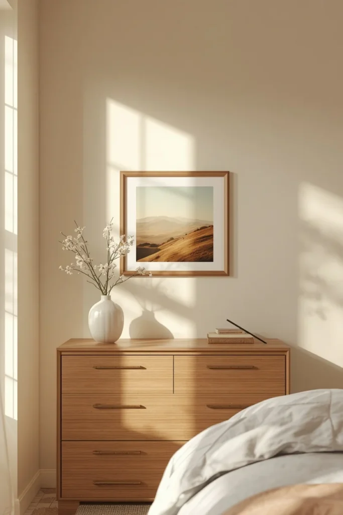 guest bedroom, featuring a single framed local landscape print 