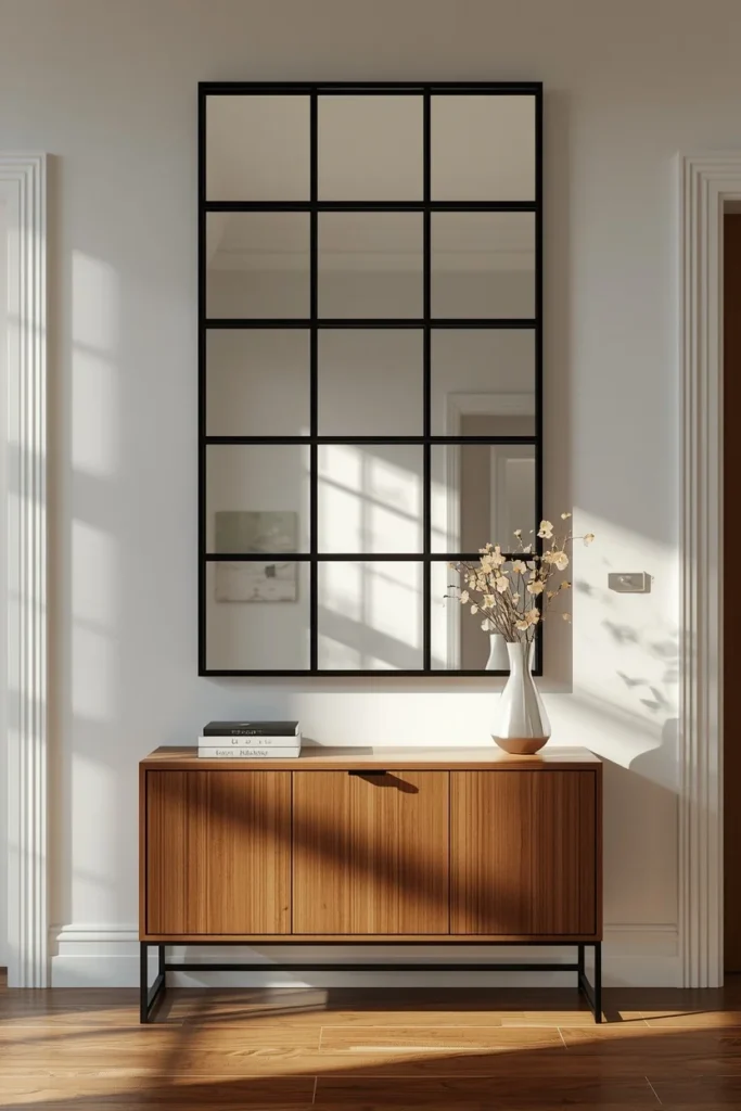 22 Home Entrance Decor Ideas That Make a Stunning First Impression Every Time 18 entryway, featuring a grid-paneled mirror with thin black frame
