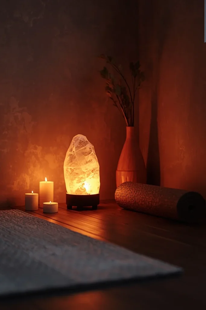  home gym calming corner, featuring a Himalayan salt lamp