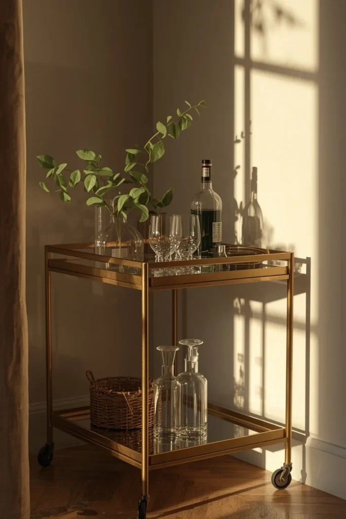 dining room corner, featuring a IKEA utility cart painted brass