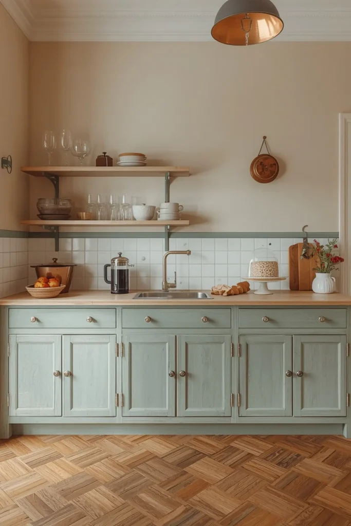 Parisian kitchen aesthetic, gently faded dusty sage-blue painted cabinetry
