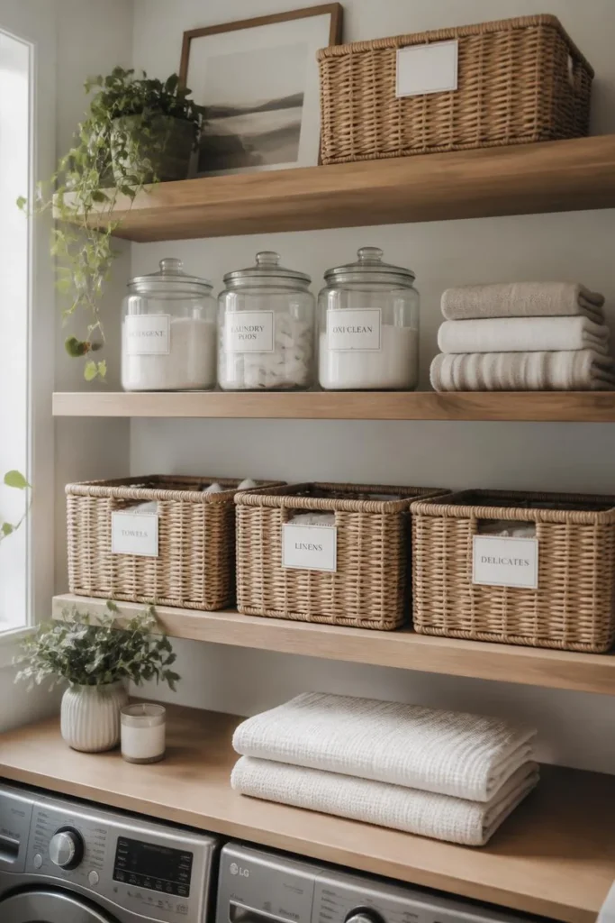 23 Laundry Room Design Ideas That Turn a Chore Space Into a Design Feature 18 open shelving laundry wall, featuring matching woven baskets