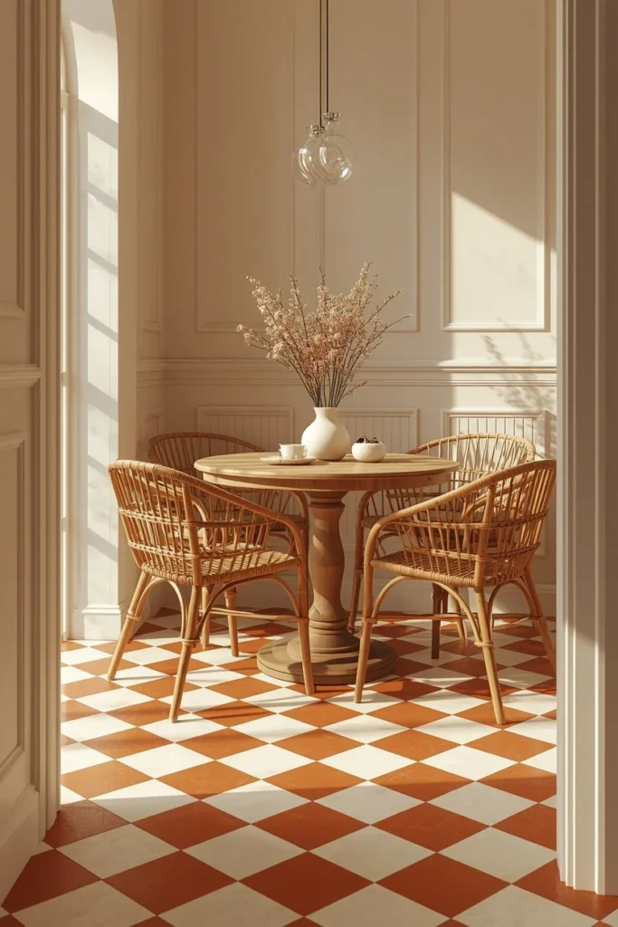 25 Modern Dining Room Ideas That Are Chic, Sleek & Totally Pin-Worthy 18 dining nook, featuring cream and terracotta checkerboard tile flooring