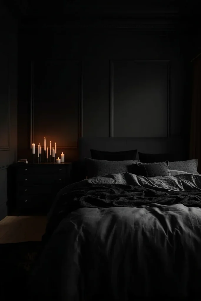 17 Moody Black Bedroom Ideas That Are Hauntingly Beautiful & Chic 18 bedroom, featuring all-black walls, ceiling,