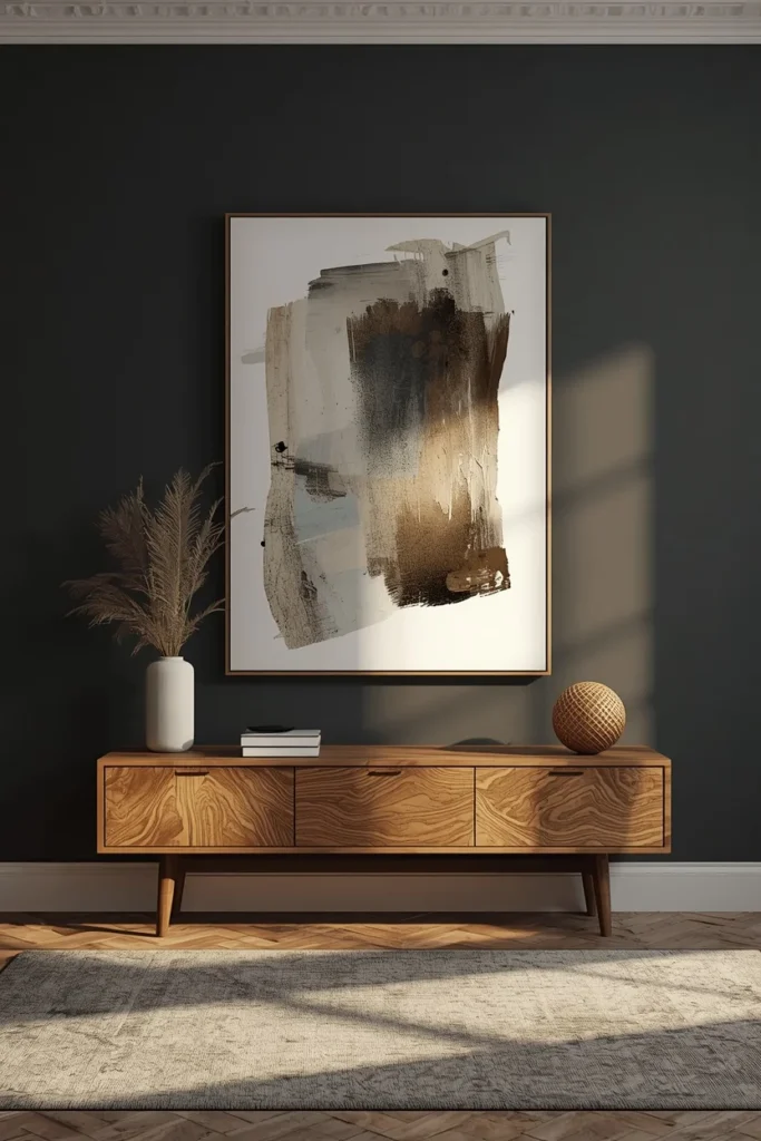 22 Moody Living Room Ideas That Are Rich, Dark & Incredibly Inviting 18 living room, featuring one oversized abstract artwork on a deep charcoal wall