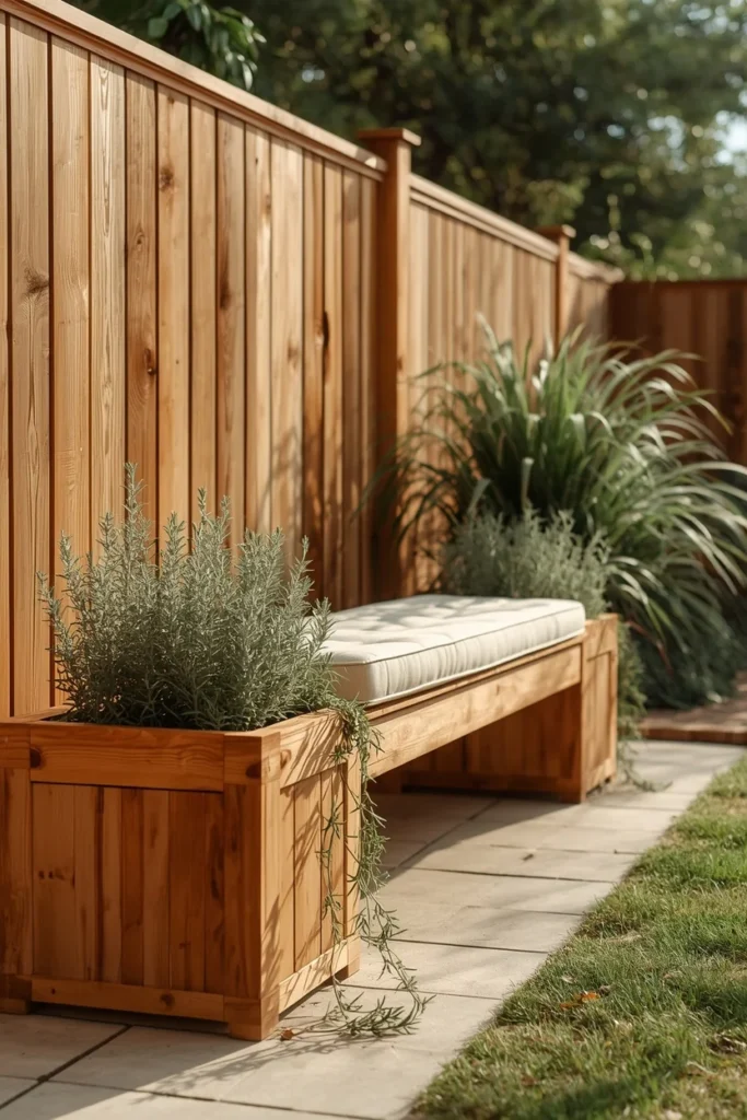 24 Outdoor Patio Furniture Ideas That Are Stylish, Comfy & Weather-Ready 18 backyard patio edge, featuring a light wood bench