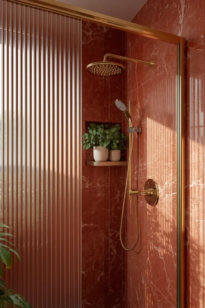  bathroom, featuring a red marble shower wall behind a fluted glass shower door 