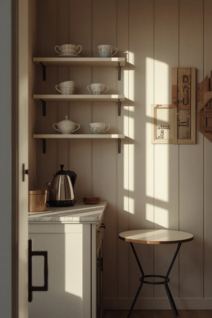 she shed tea corner, featuring a narrow counter with an electric kettle, 