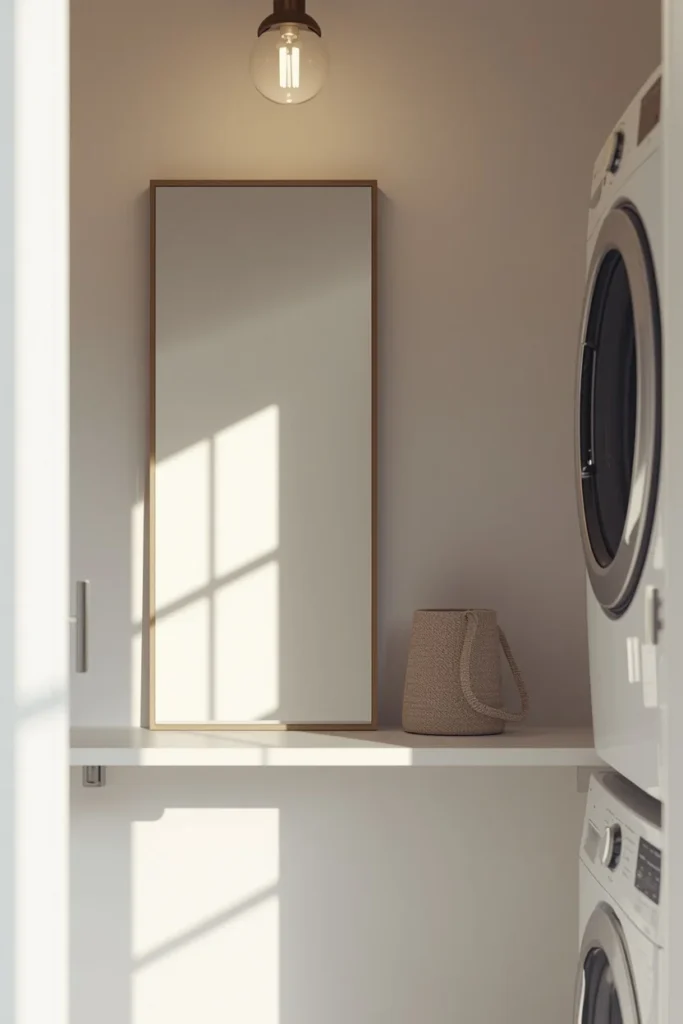 21 Small Laundry Room Ideas That Pack Function & Style Into Every Inch 18 small laundry closet, featuring a slim framed mirror